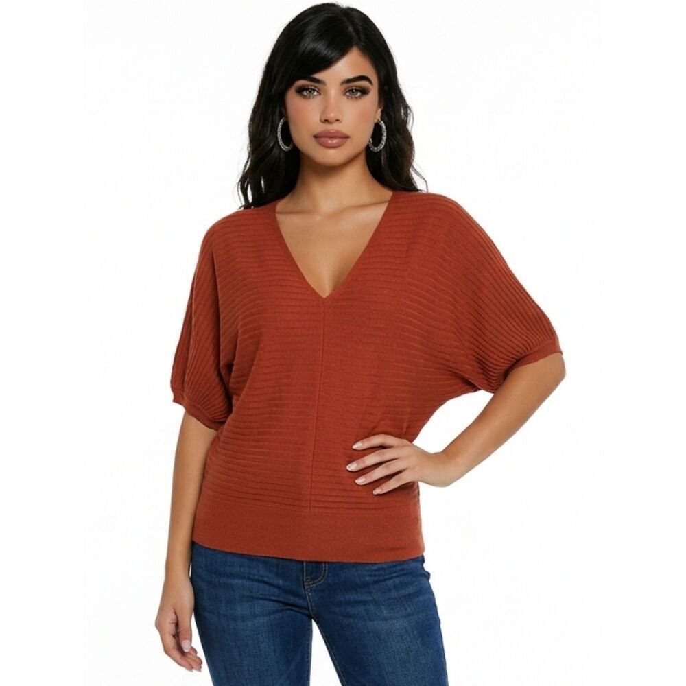 Tahari Burnt Orange V-neck Ribbed Knit Dolman Sleeve Sweater Size SP